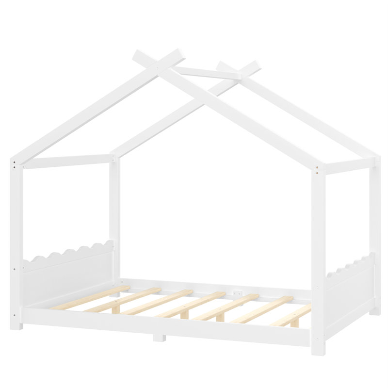Lit de maison avec lattes de soutien, cadre de lit en bois massif pour enfants, Lit double, Blanc clair