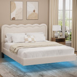 Queen Size Boucle Upholstered Floating Bed Frame With Led Lights, Visual Floating Led Platform Bed, No Box Spring Needed, Beige
