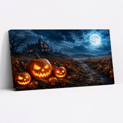 Haunted Mansion and Jack-O-Lanterns Under Full Halloween Canvas Wall Art