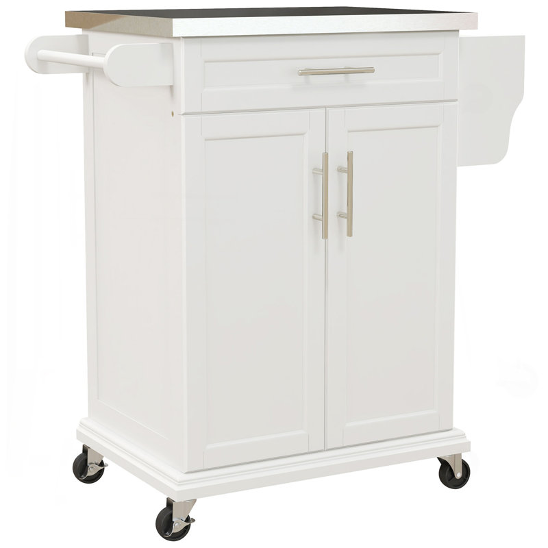 Kitchen Island On Wheels, Rolling Kitchen Cart With Stainless Steel Countertop, Drawer, Towel Rack And Spice Rack, Utility Storage Trolley