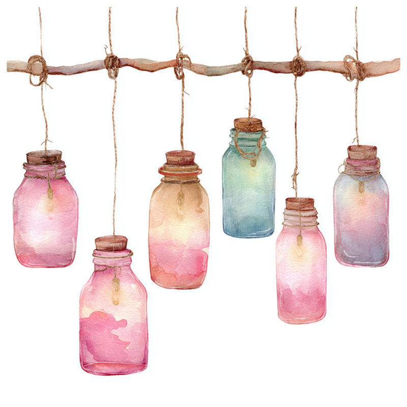 Pots de verre suspendus, aquarelle sur toile tendue en plusieurs tailles, 12 x 12 pouces