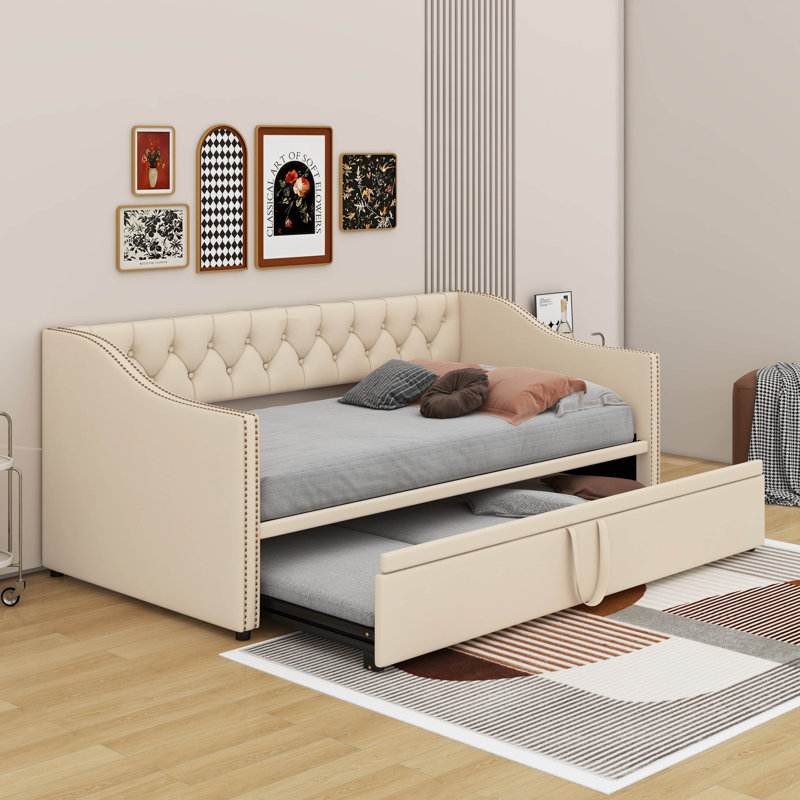 Twin Size Upholstered Daybed With Pop Up Trundle, Beige