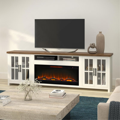 97 Inch Fireplace TV Stand Console For Tvs Up To 100 Inches, Minimal Assembly, Jasmine Whitewash And Barnwood Finish