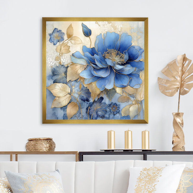 «Blooming Blue & White Chrysanthemum Flower I», reproduction sur toile, H 36 po x l 36 po x P 1,5 po, Cadre photo doré simple