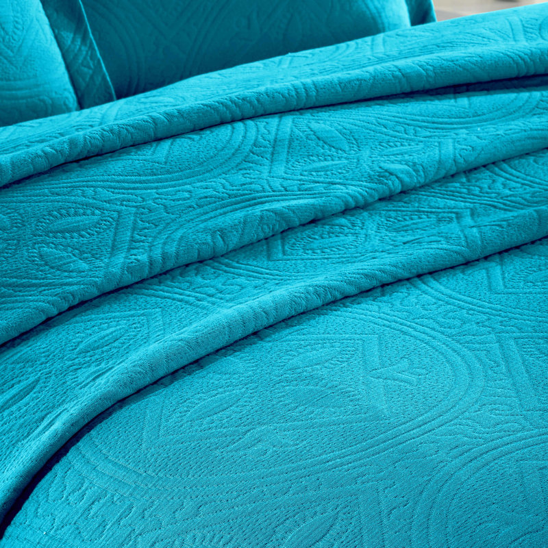 Scotia 100% Cotton Jacquard Matelasse Celtic Circle Bedspread Set, Queen Bedspread + 2 Shams, Peacock Blue