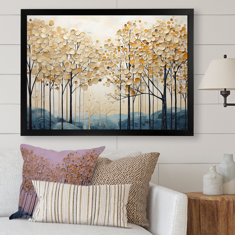 Minimalisme, arbres dorés et bleus scène IV - arbres, art mural, H 34 po x l 44 po x P 1,5 po, Cadre simple noir