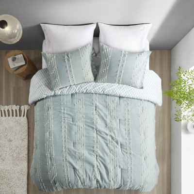 3 Piece Cotton Bedding Queen - Embroidered Stripes And Quality Ink+ivy Comforter Full/queen Size With Breathable Texture