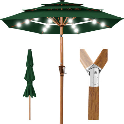  Woodgrain Pattern 10Ft 3-Tier Solar Patio Umbrella W/ 24 LED Lights, Tilt - Sky Blue