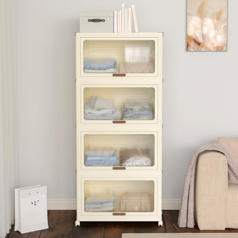 4 Tier Plastic Storage Bins With Lids, Stackable Storage Containers with Wheels, Folding Storage Boxes, Collapsible Storage Bins, Cabinets