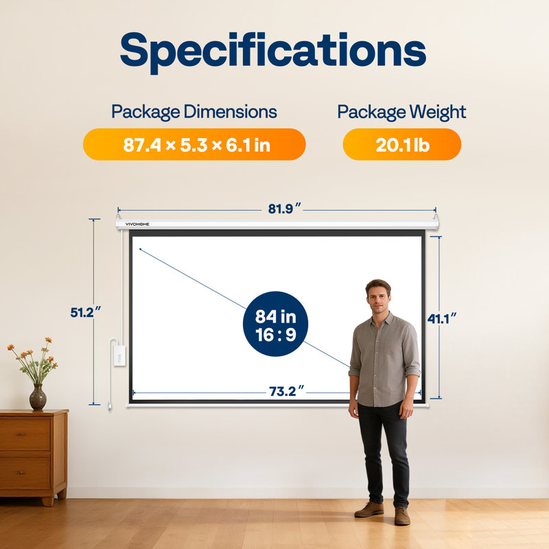 16:9 84 Inch Electric Projector Screen with Remote, White