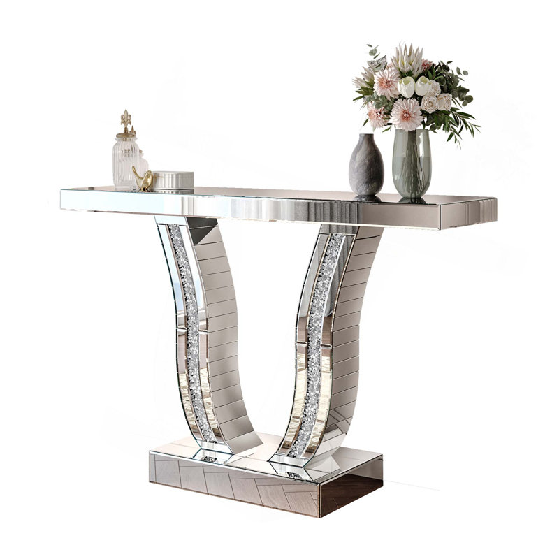 Mirrored Console Table,Modern Silver Entryway Sofa Table With Curved Stone-Inlaid Legs, Silver Glam Entryway Table