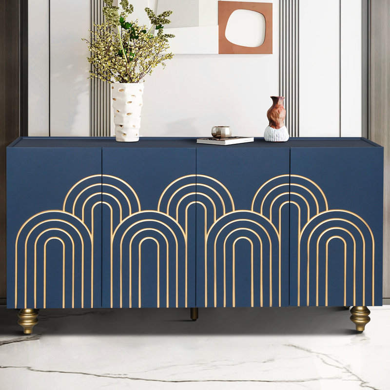 Buffet cannelé à 4 portes, bleu marine, créant un espace de vie élégant pour un rangement moderne, Marine