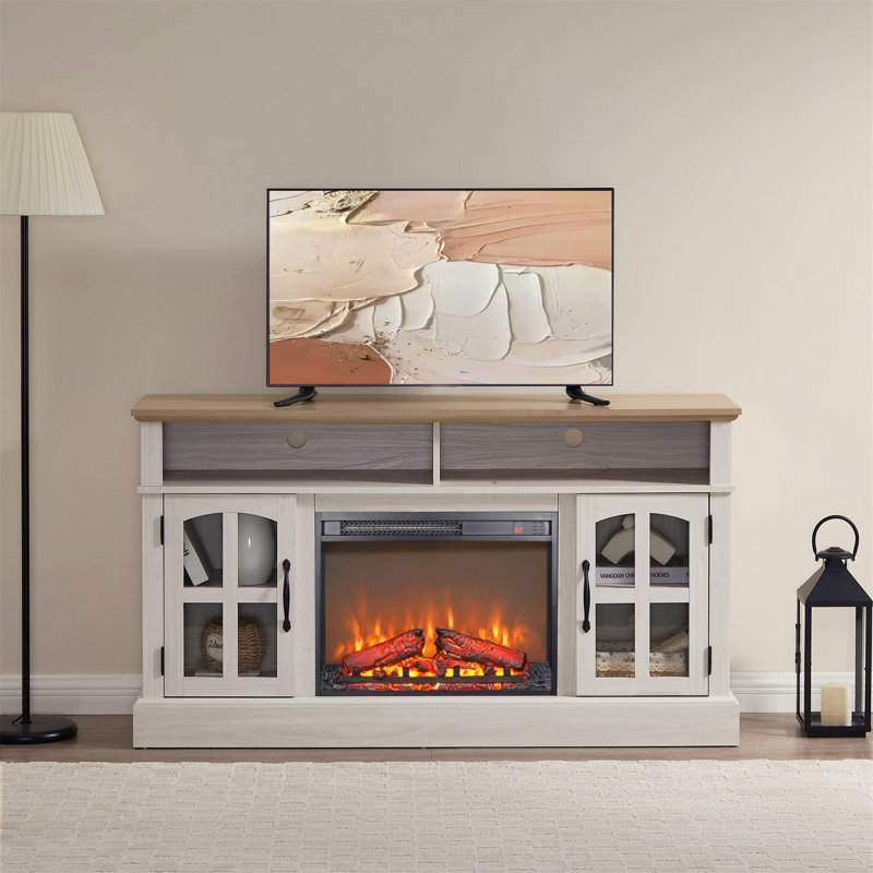 Meuble télé avec foyer électrique, meuble télé pour téléviseur, meuble multimédia avec rangement et portes vitrées pour le salon