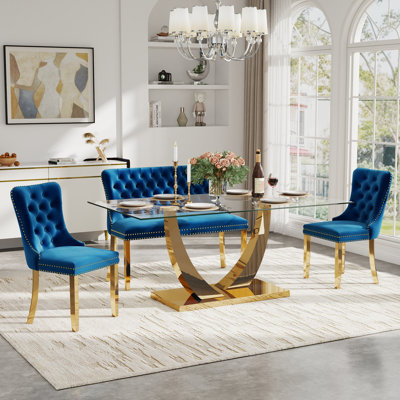 Table de salle à manger rectangulaire en verre trempé avec banc capitonné, table de salle à manger de luxe avec chaise capitonnée en velours pour salle à manger