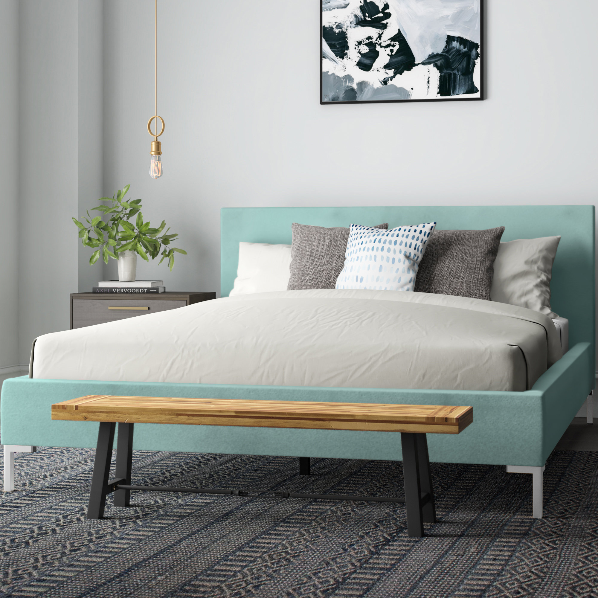 Rand Upholstered Bed, King, Bella Light Gray Performance Velvet, Black Wood