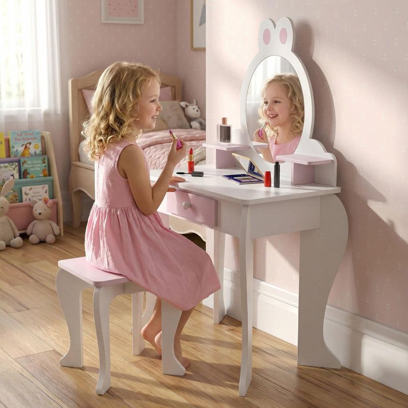 Cute Rabbit-Themed Room Decor Set: Storage Drawer Stool, Mirror, and Vanity Table