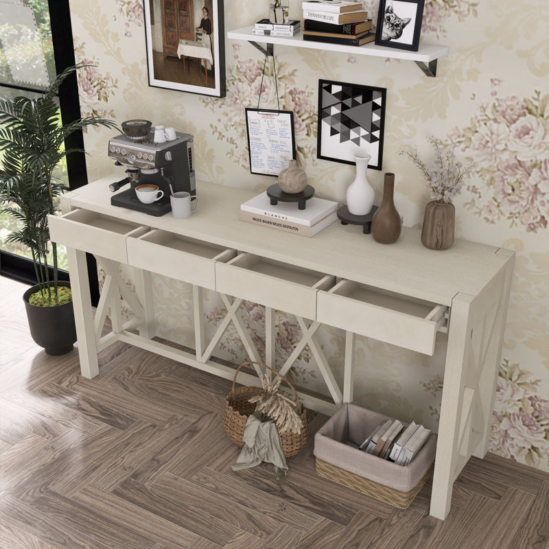 Console à 4 tiroirs en placage d'acacia avec rangement ouvert, Beige