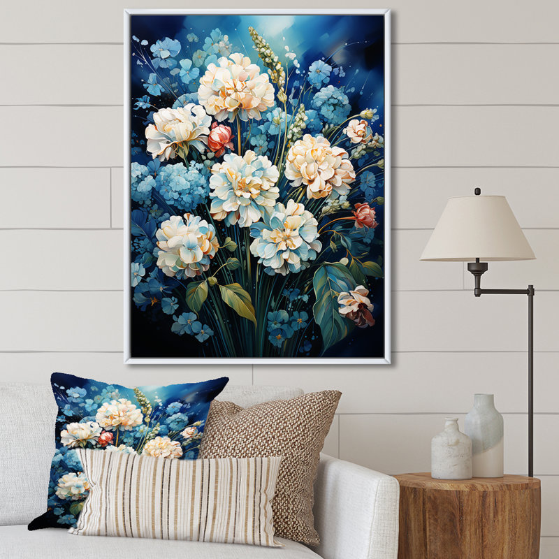 Fleur bleue dans un maïs soufflé Serenade I, Cadre flottant blanc, H 32 po x l 24 po x P 1 po