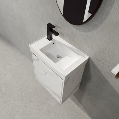 Meuble-lavabo mural 19,69 po en marbre blanc de Carrare moderne avec lavabo en céramique haute température et rangement à fermeture en douceur