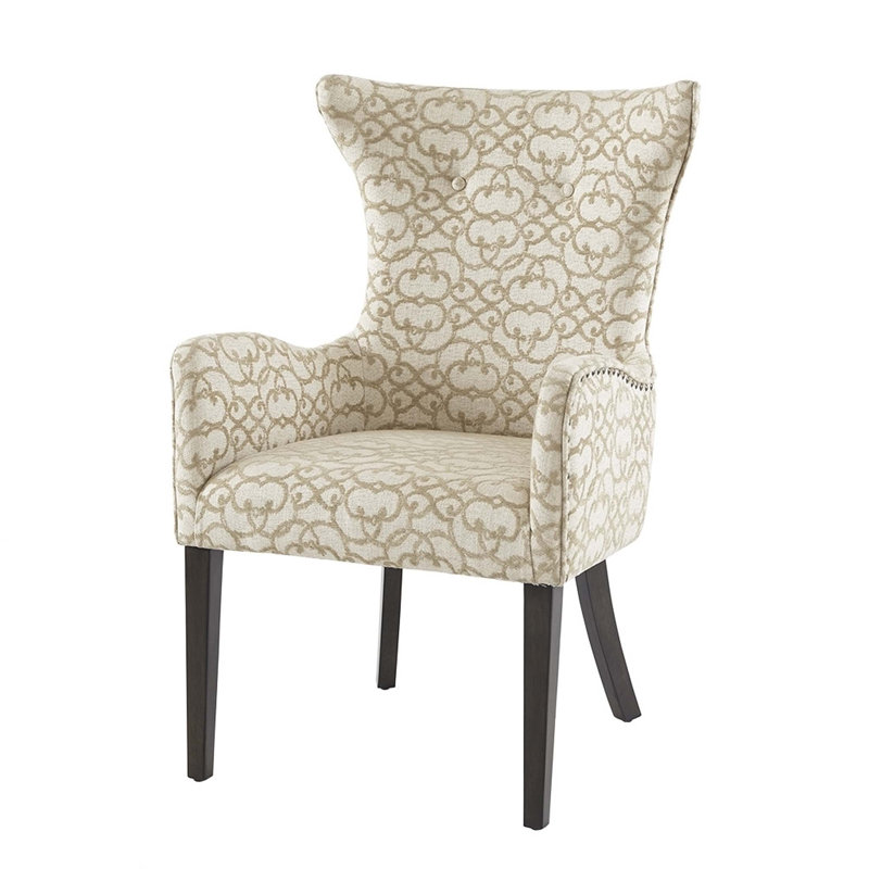 Tan Linen Upholstered Arm Chairs with Wood Legs, Set of 2