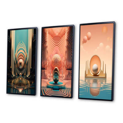 «Graphic Bliss Retro Futuristic Architecture IV», 3 pièces sur toile