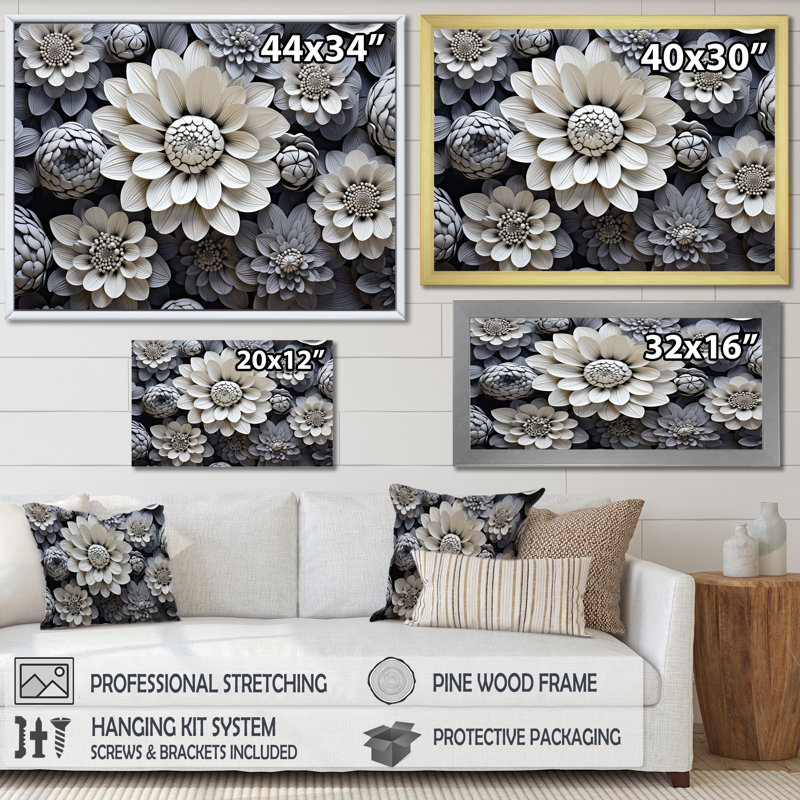 Minimalisme noir et blanc, collage Zinnias sur toile, H 30 po x l 40 po x P 1,5 po, Cadre flottant noir