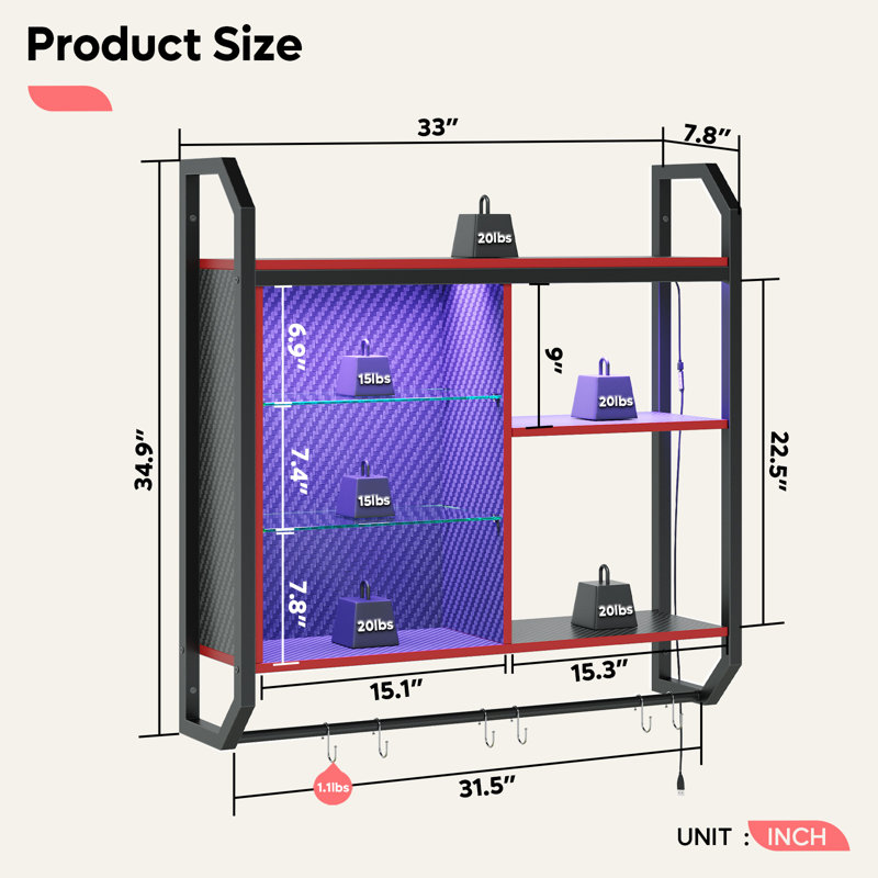 Eiser 34" LED Wall Mounted Shelf and Adjustable Hanging Display Rack Bookshelf with 6 S-Hooks