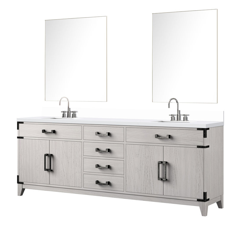 Meuble-lavabo double en chêne blanc 84 po X 22 po, comptoir en marbre de culture scellé, dessus de robinet,