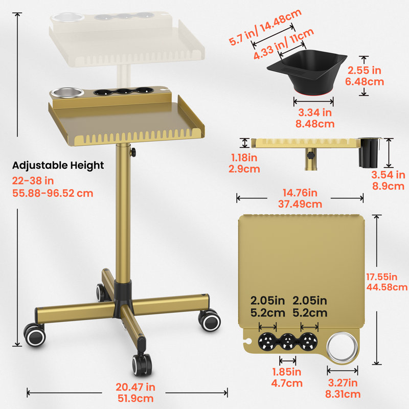 Chariot utilitaire en métal avec roulettes, Doré