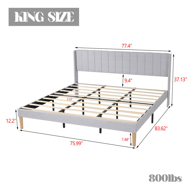 Upholstered Platform Bed With Headboard, Light Grey, King