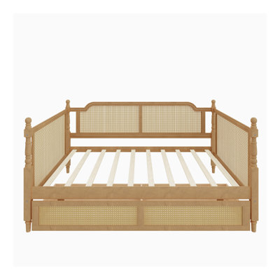 Traditional Style Rattan Daybed with 2 Drawers for Limited Space, Guest Room, No Box Spring Needed,Antique Walnut