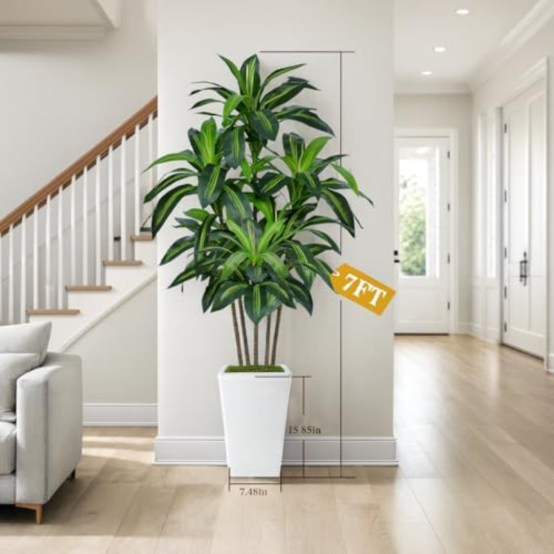 Arbre de dracaena artificiel de 7 pi, arbre artificiel d'intérieur avec grand pot de fleurs blanc, arbre de soie artificiel d'intérieur, arbre de soie artificiel d'intérieur, extérieur, cadeau de pendaison de crémaillère (blanc)