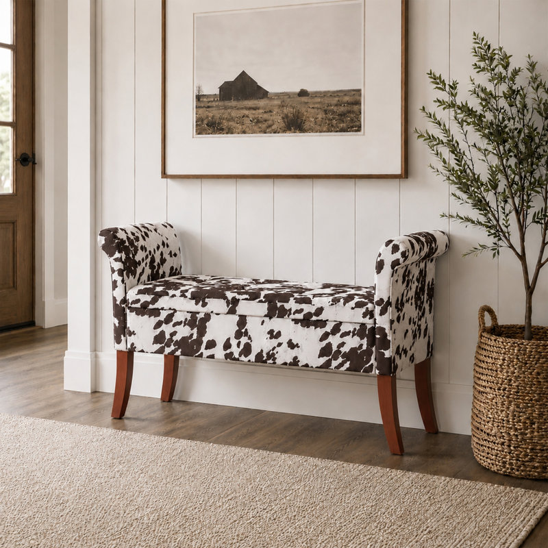 Banc de rangement avec pieds en bois massif Emma-Jade, Brown Cow Print Faux Fur