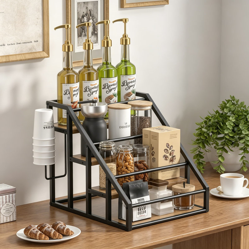 Étagère à épices à 3 niveaux pour comptoir de cuisine, station de café et rangement de bar avec design rustique, Brun
