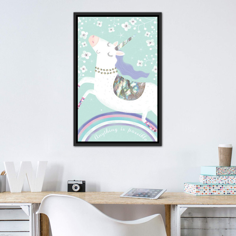 «Rainbow Unicorn» par Sophie Hanton - impression d'art graphique, H 40 po x l 26 po x P 1,5 po, Toile avec cadre noir patiné