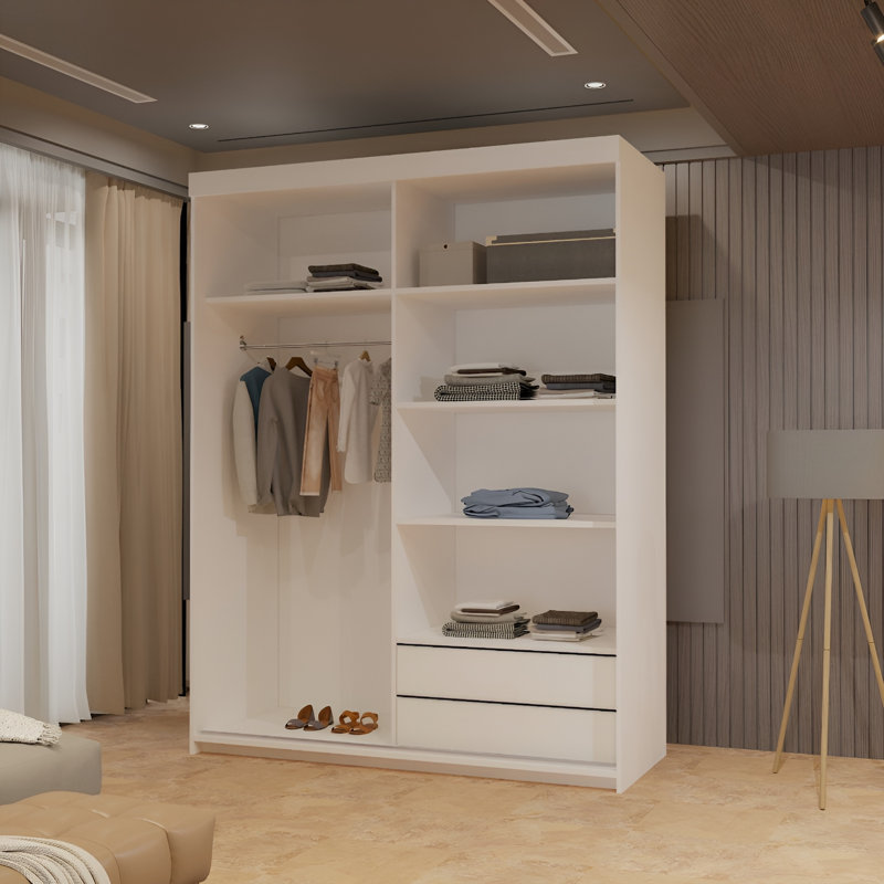 Chabier 2 Door Manufactured Wood Wardrobe, White, 217cm H x 150cm W x 62cm D