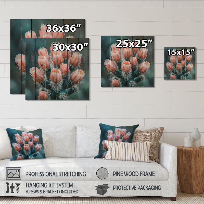 Cactus en fleurs à l'aube - Cactus floral, art mural sur bois de pin naturel, H 15 po x l 15 po x P 0,78 po