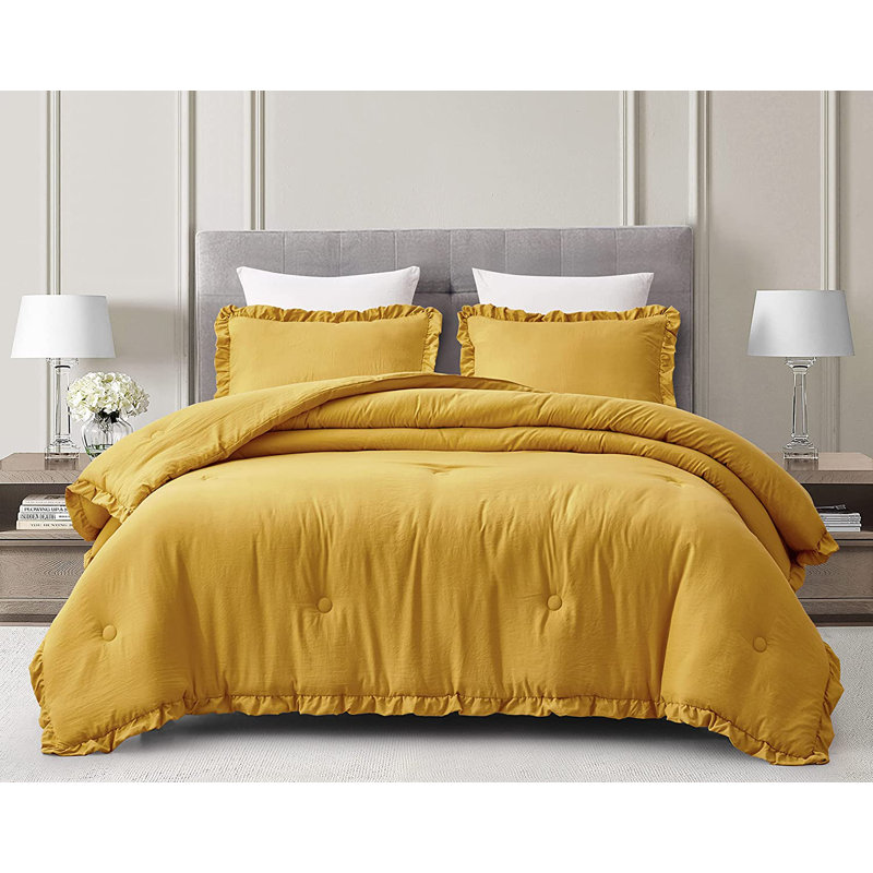 Nora Washed Microfiber Ruffled Comforter Set, Mustard, Twin Comforter + 1 Standard Sham