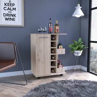 Chariot-bar, quatre roulettes, armoire à une porte, deux tablettes extérieures, gris clair