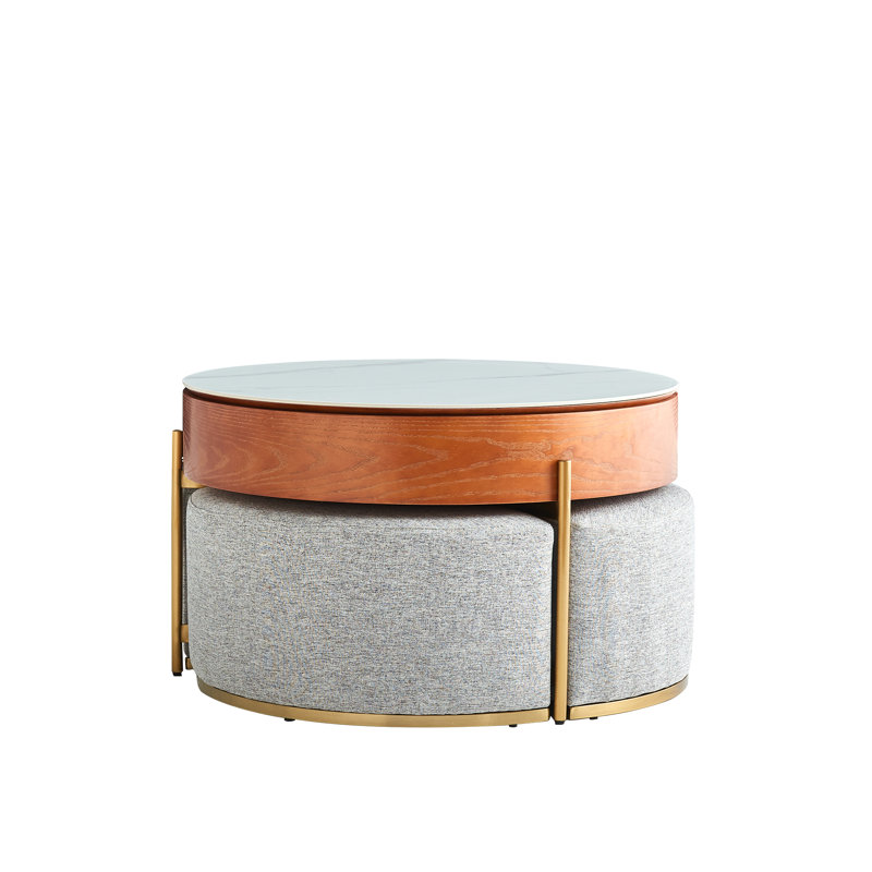 Lift Top Extendable 3 Storable Stools Sintered Stone Coffee Table with Storage, Grey
