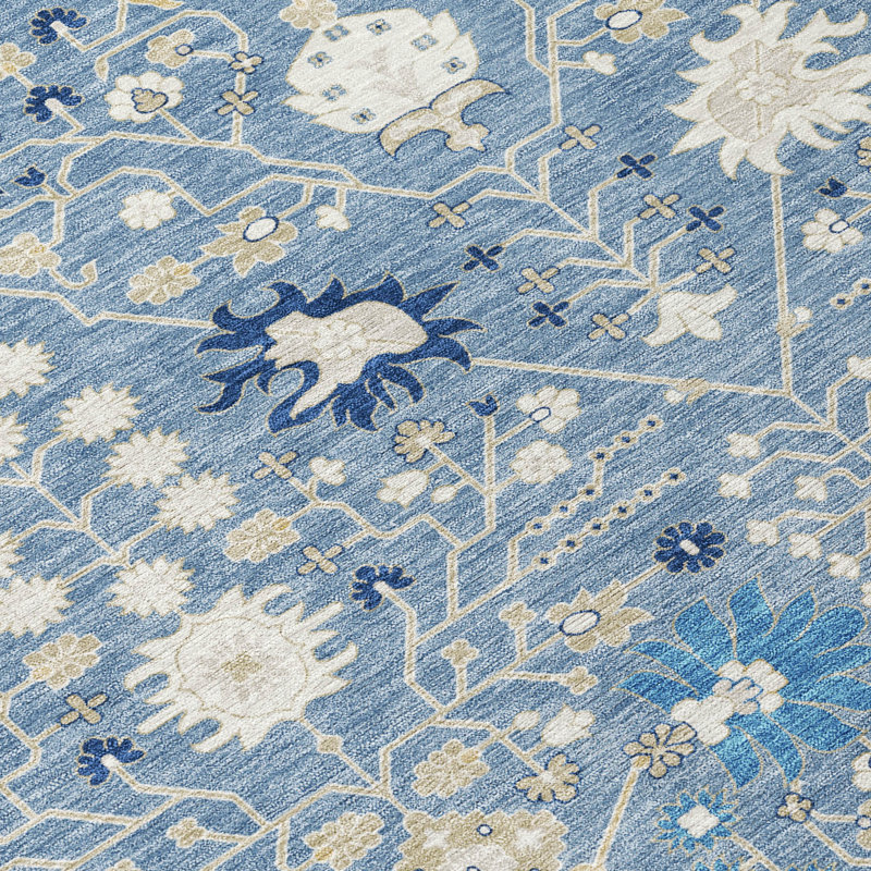 Blue and Beige Flat Woven Rectangular Synthetic Rug