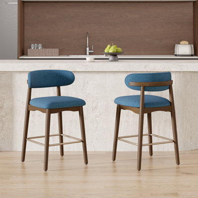 Modern Upholstered Counter Height Bar Stool With Back, Non-swivel, Solid Rubberwood Legs And Bronze Metal Footrest