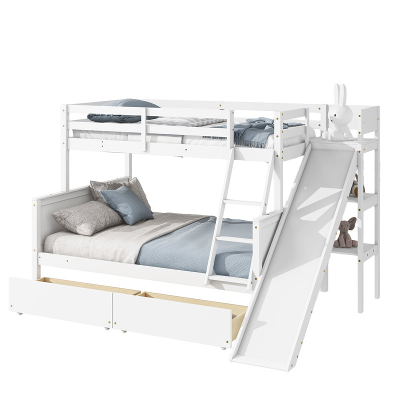 Lit superposé simple au-dessus de double avec 2 tiroirs, glissière, tablettes, échelle, lit superposé en bois d'hévéa avec glissière, tiroirs