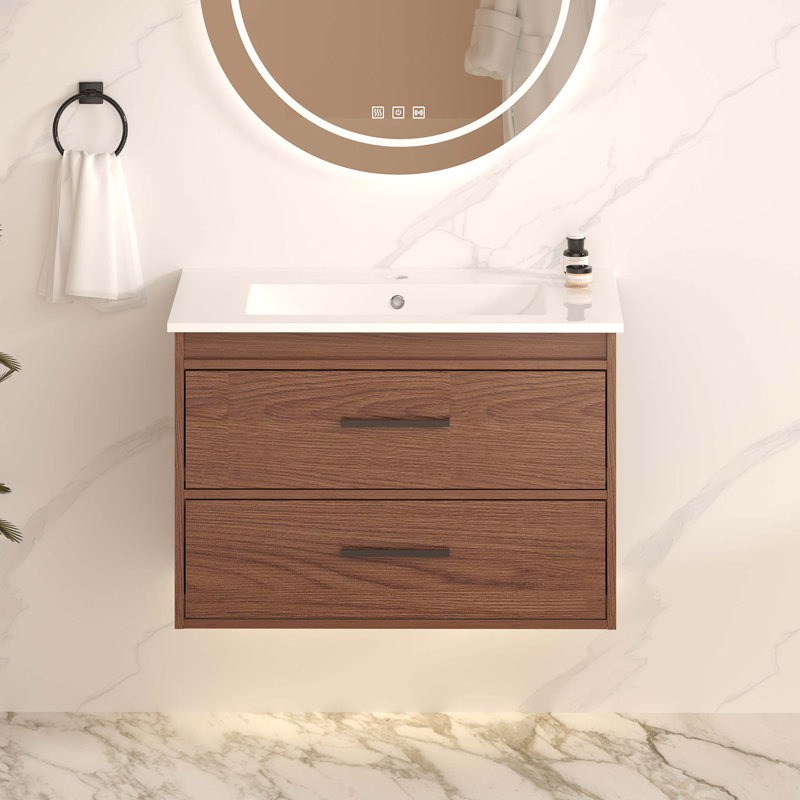 Ensemble de meuble-lavabo mural 30 po à 2 tiroirs, brun rougeâtre
