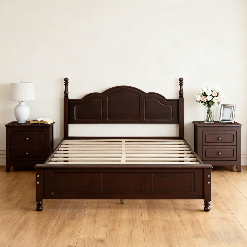 Ensemble de chambre à coucher 3 pièces, lit plateforme avec deux tables de chevet, Full, Noyer