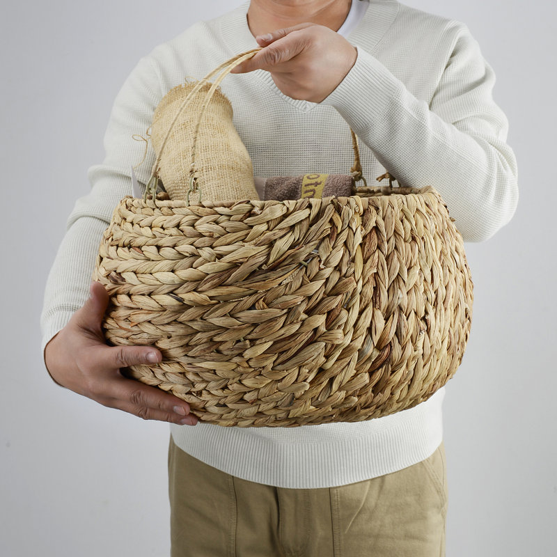 Round Water Hyacinth Wicker Basket with Handles, Eco-Friendly Home Organizer