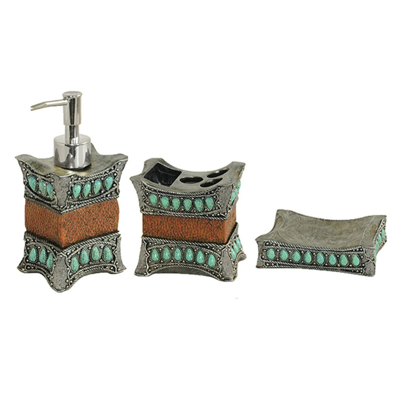 Turquoise and Silver Mahogany 3-Piece Bathroom Accessory Set