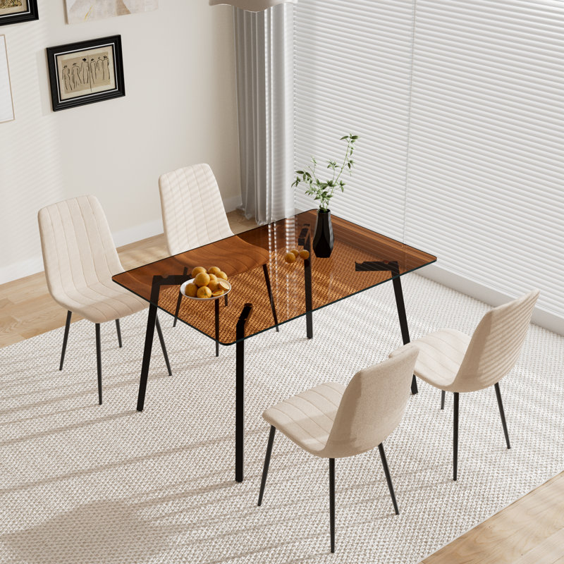 5 - Piece Rectangle Glass Dining Set, Beige, Brown