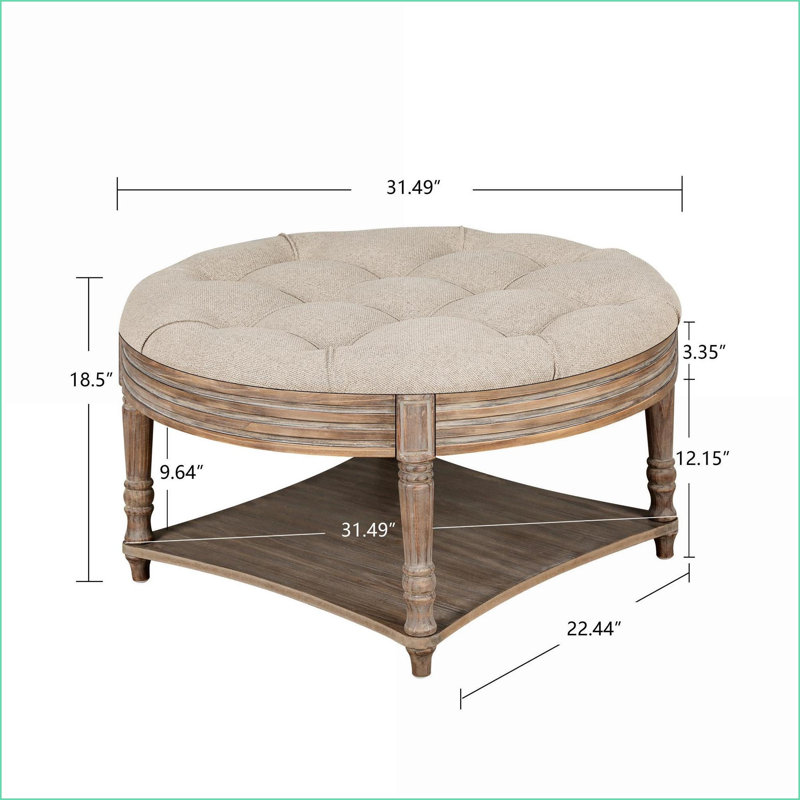 Repose-pieds capitonné et imperméable à 2 niveaux avec capitonnage 31,5 "lin rond avec tablette en bois | Noyer brun | Bois massif