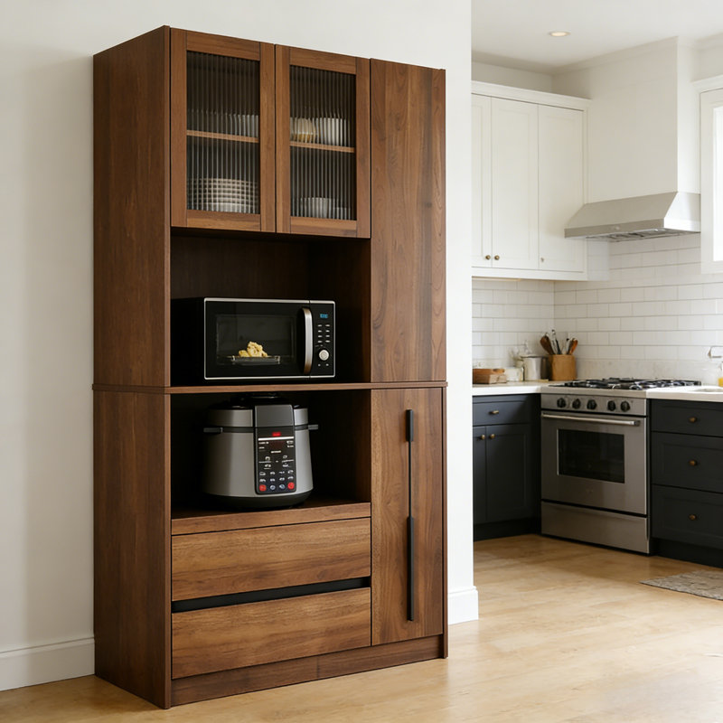 Armoire de cuisine de 71 po de hauteur avec support pour micro-ondes, huche en bois avec portes en verre cannelé et tablette de rangement coulissante, noyer